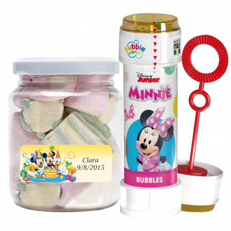 Máquina de fazer bolhas de sabão da Minnie Mouse com pote de doces personalizado para aniversários