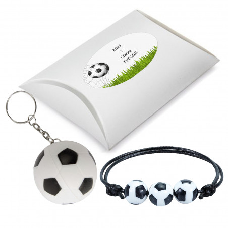 Pulseira e porta chaves de futebol em caixa com adesivo personalizável
