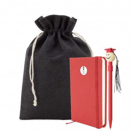 Caderno com adesivo personalizável e caneta de formatura em bolsa de tecido para presente feminino