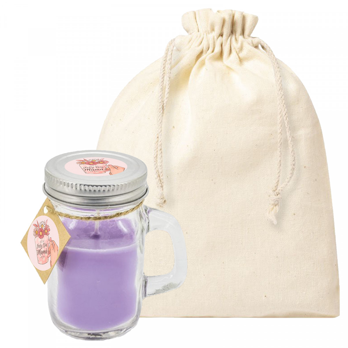 Vela aromática com adesivos de dia das mães em saco de pano