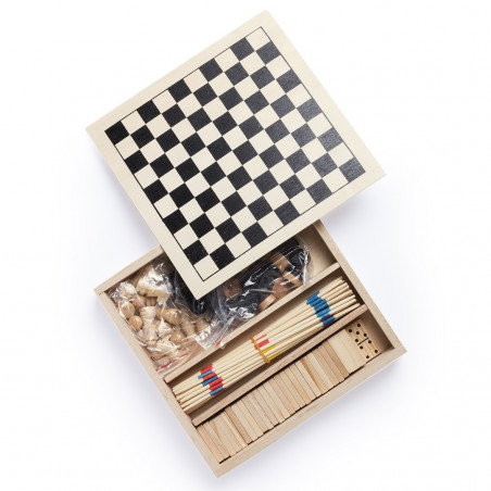 Jogos clássicos em caixa de madeira apresentados em saco de pano com adesivo personalizável para presente