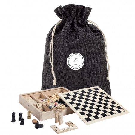 Jogos clássicos em caixa de madeira apresentados em saco de pano com adesivo personalizável para presente