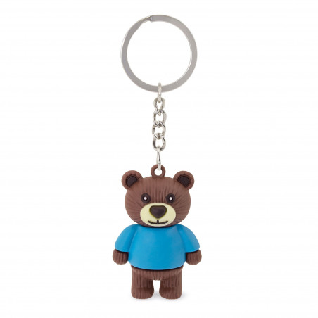 Chaveiro em forma de urso apresentado em bolsa de pano com autocolante de batizado personalizável