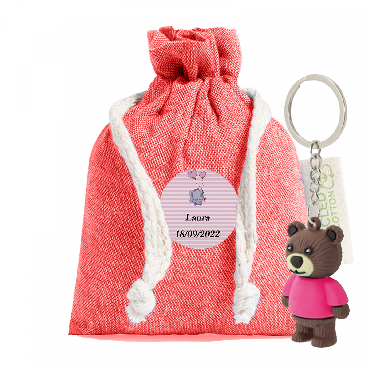 Porta-chaves em saco de pano com autocolante de baptizado personalizável para menina