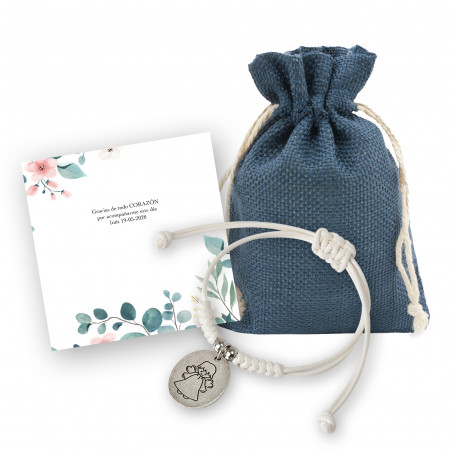 Pulseira anjinho com cartão personalizável em sacolinha de presente