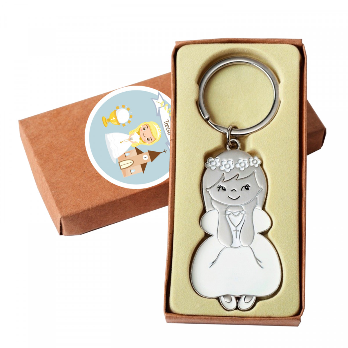 Chaveiro de comunhão em saco de presente de pano com adesivo personalizável para menina