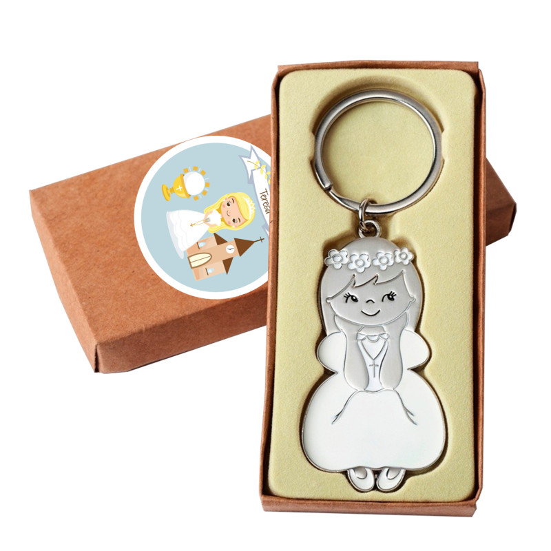 Chaveiro de comunhão em saco de presente de pano com adesivo personalizável para menina