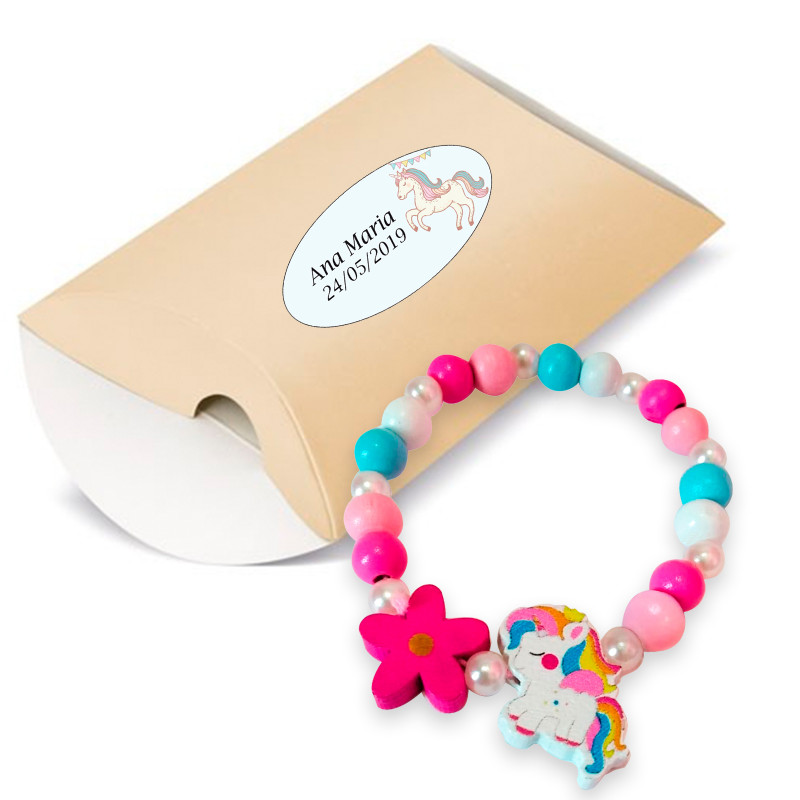 Pulseira de unicórnio em caixa com adesivo de unicórnio personalizado