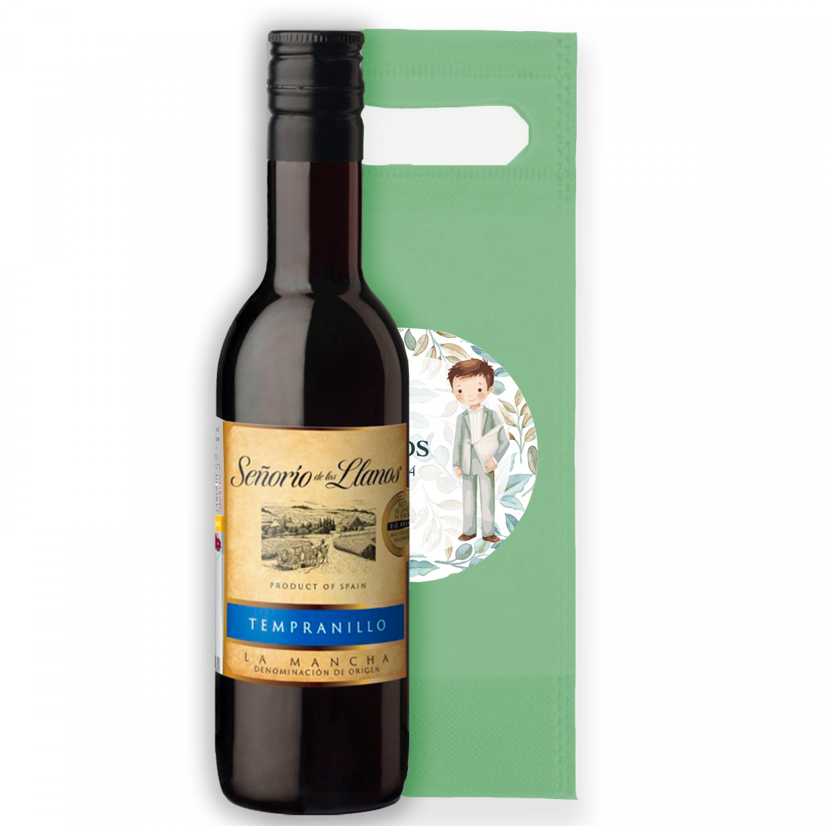 Vinho personalizado com adesivo redondo personalizado de comunhão de menino apresentado em bolsa verde