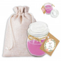 Vela perfumada com adesivo personalizado e sacolinha de pano para casamentos e eventos