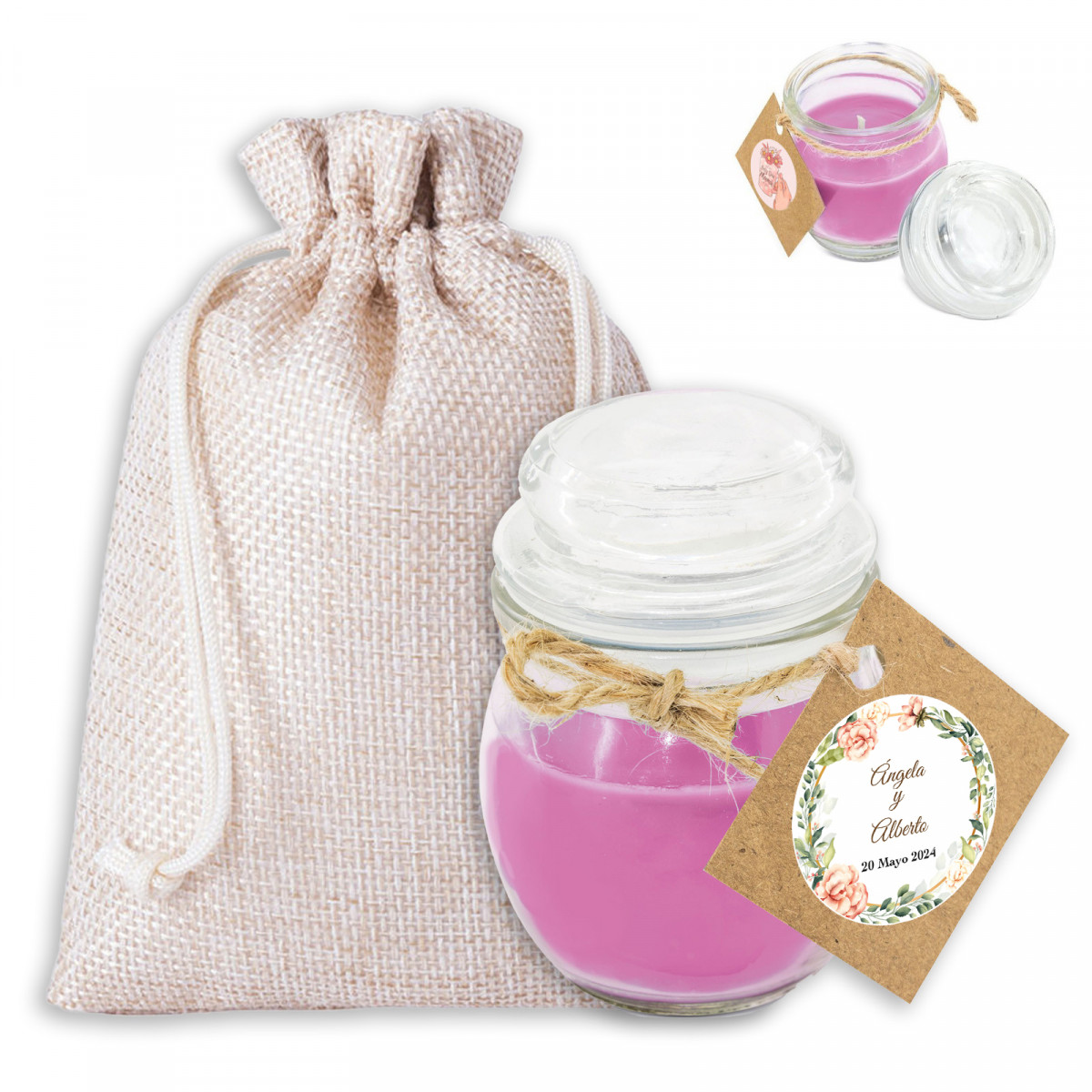 Vela perfumada com adesivo personalizado e sacolinha de pano para casamentos e eventos