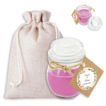 Vela perfumada com adesivo personalizado e sacolinha de pano para casamentos e eventos