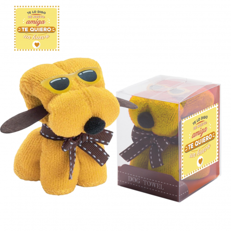 Toalha amarela em formato de cachorro com adesivo para presente de um amigo