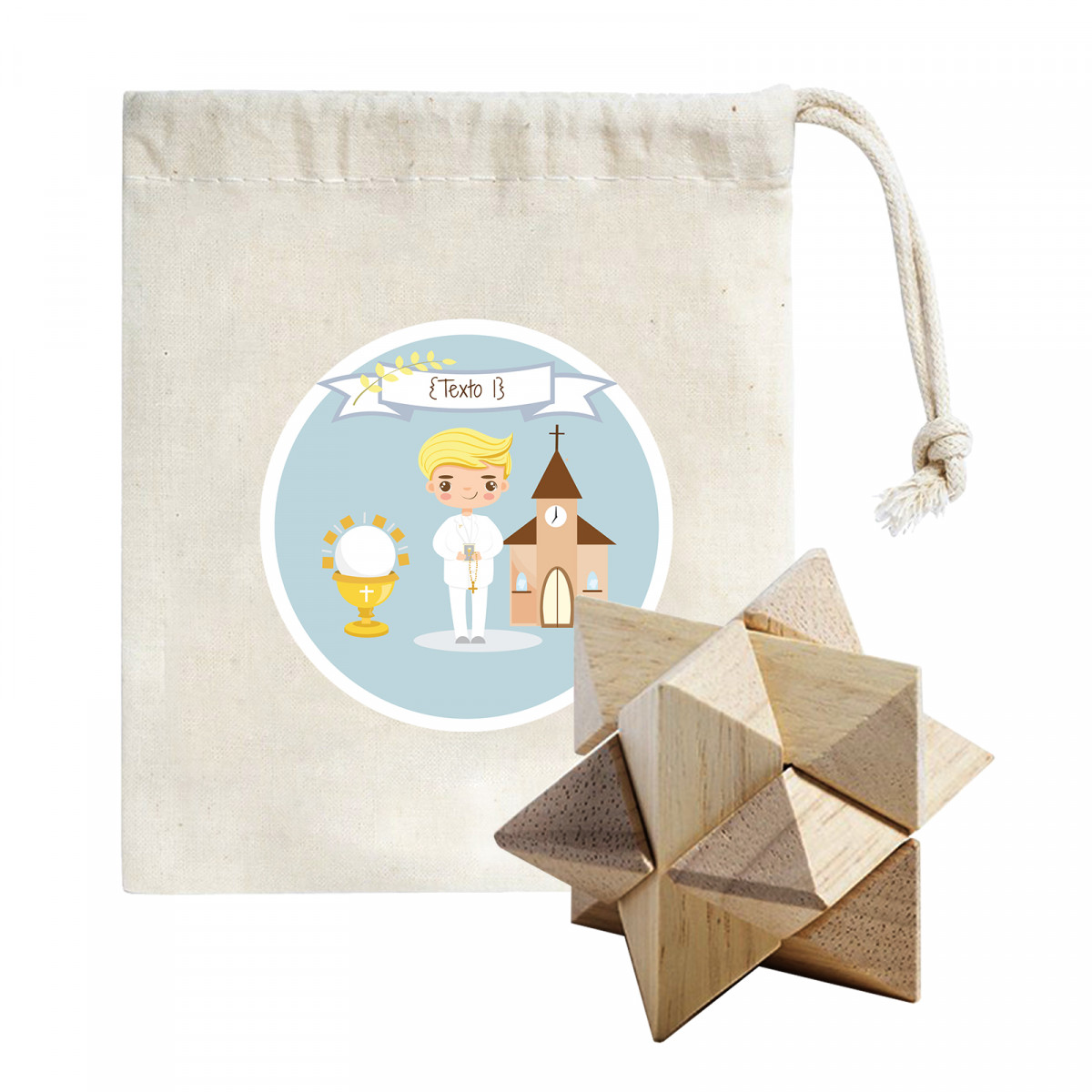 Quebra-cabeça apresentado em uma bolsa de pano com um adesivo personalizável para um menino de comunhão.