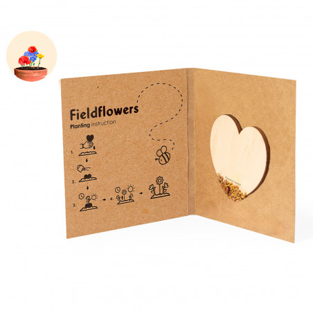 Coração de sementes de flores silvestres com adesivo personalizado
