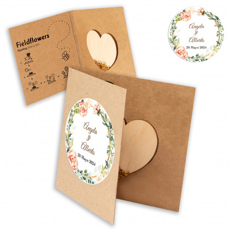 Coração de semente de flores silvestres com adesivo personalizado para casamentos e eventos