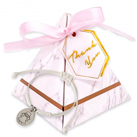 Pulseira com medalha de anjo da guarda em caixa com etiqueta de agradecimento