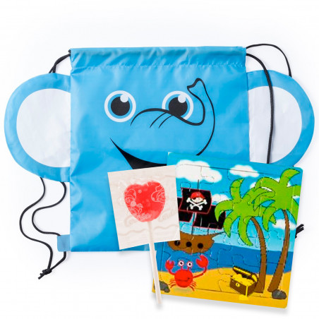 Quebra-cabeça pirata em mochila de elefante com pirulito para detalhes infantis