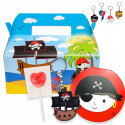 Conjunto pirata com chaveiro, caderno e pirulito em caixa para detalhes de crianças