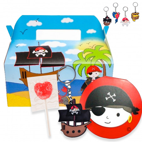 Conjunto pirata com chaveiro, caderno e pirulito em caixa para detalhes de crianças