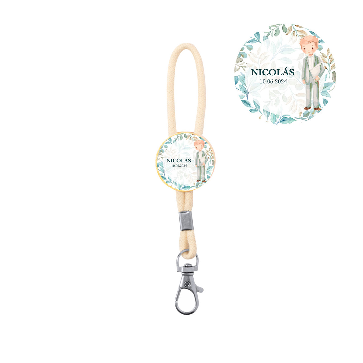 Chaveiro de bambu com cordão para comunhão menino