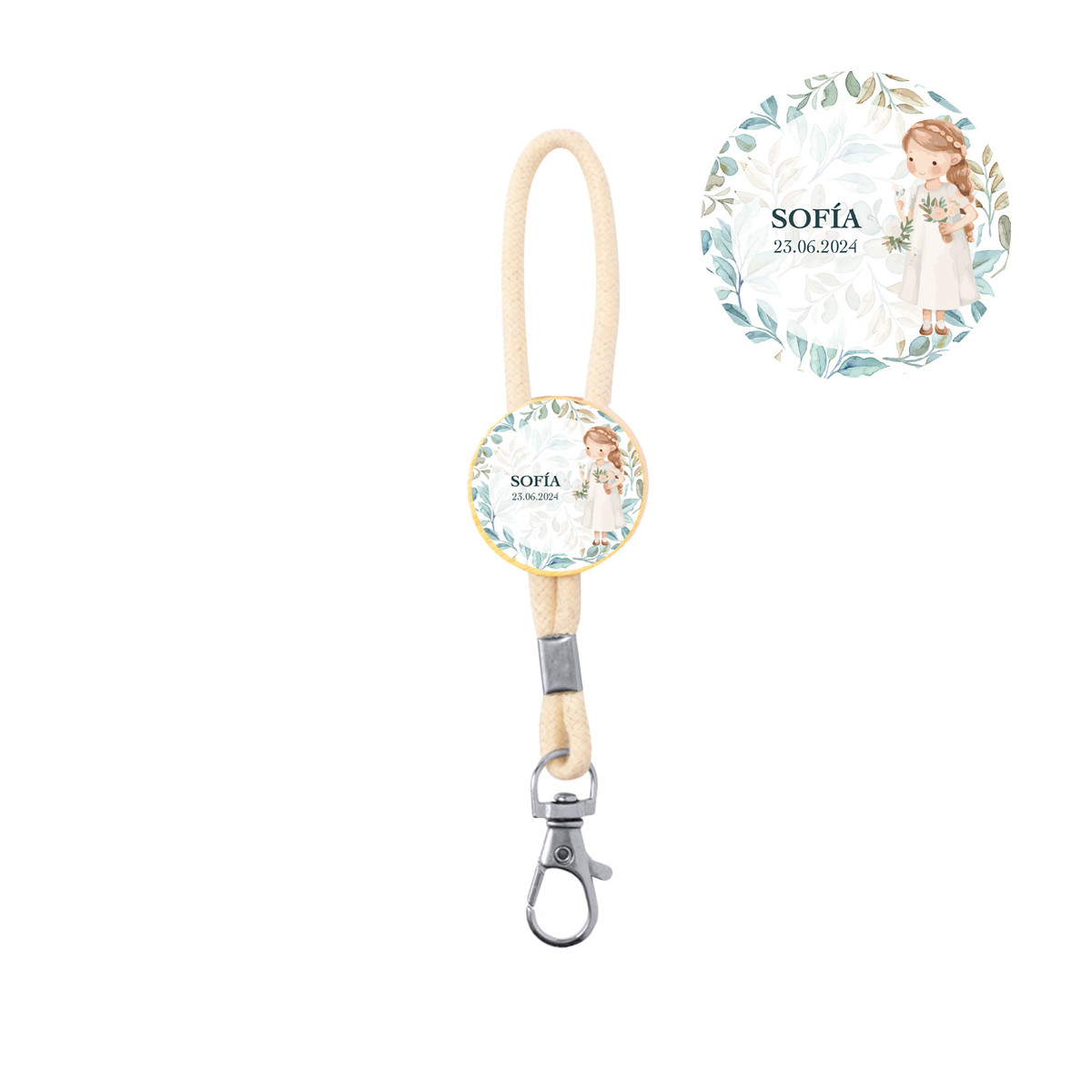 Chaveiro de bambu personalizado com mosquetão para comunhão de menina
