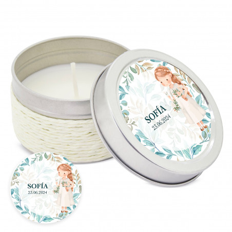 Vela perfumada com adesivo personalizado para comunhão de menina