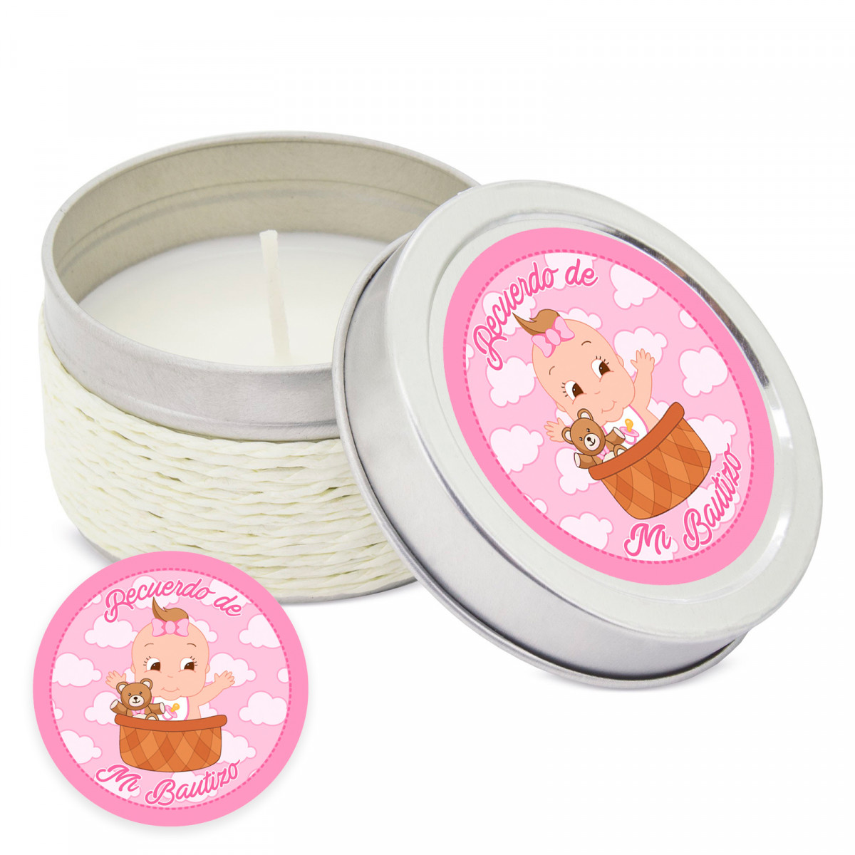 Vela aromática personalizada com adesivo para detalhes de batismo