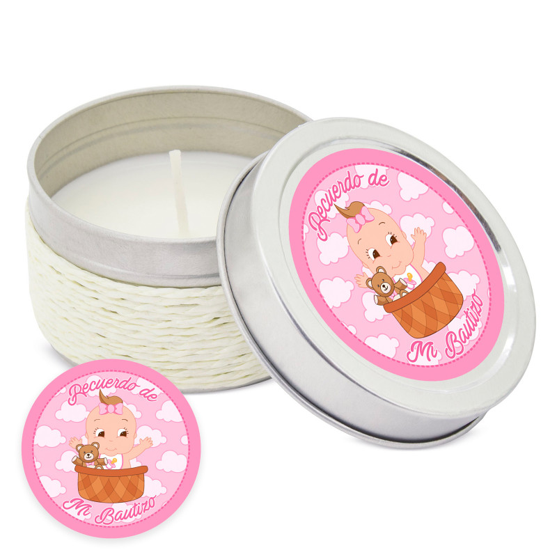 Vela aromática personalizada com adesivo para detalhes de batismo