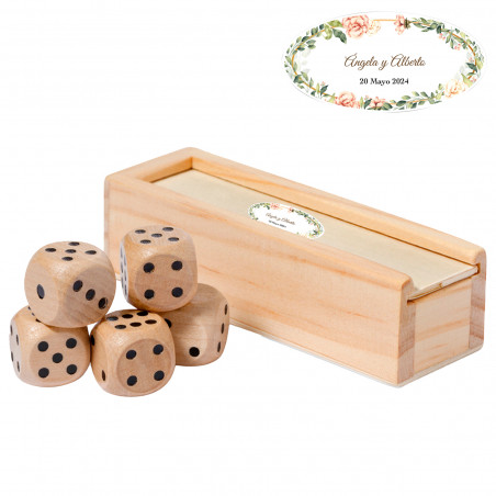 Conjunto de dados de madeira em estojo com adesivo personalizado
