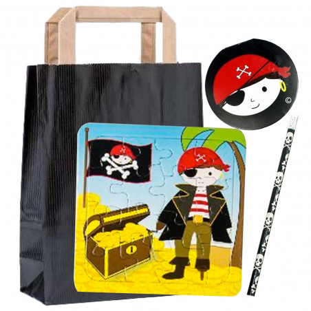 Quebra cabeça pirata com caderno e lápis apresentado em bolsa kraft preta