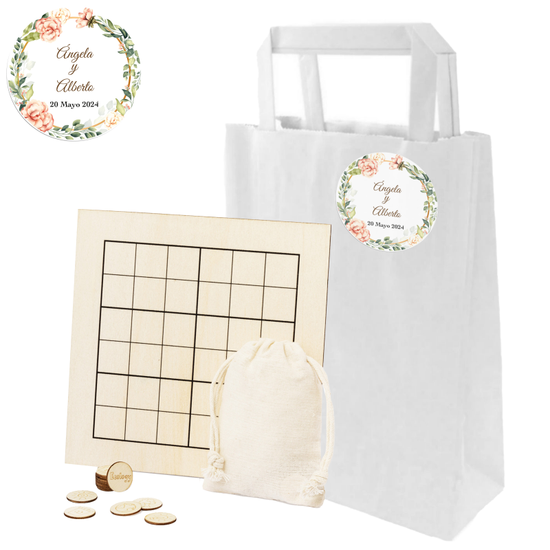 Quebra-cabeça Sudoku de madeira com saco kraft e adesivo personalizado