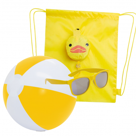 óculos de sol amarelos para menino e bola de praia com mochila de pato combinando