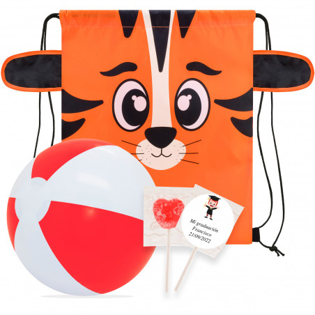 Bolsa tigre com bola de praia e pirulito com adesivo personalizado para detalhes da formatura