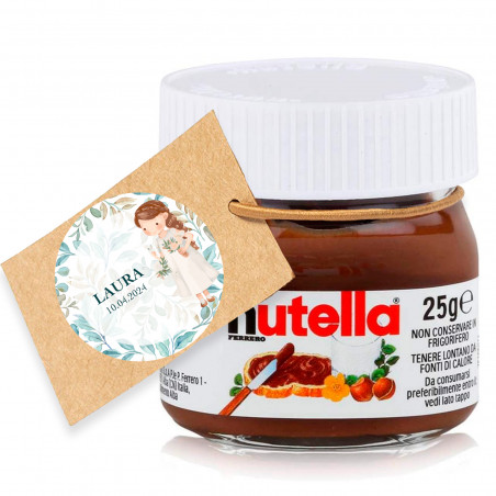 Nutella 25 gr. com etiqueta para pendurar e adesivo personalizado para detalhes da comunhão da menina