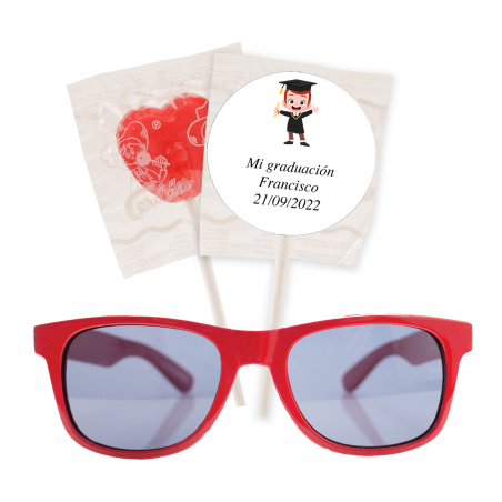 Óculos de sol infantis vermelhos com pirulito de coração e adesivo de formatura personalizado