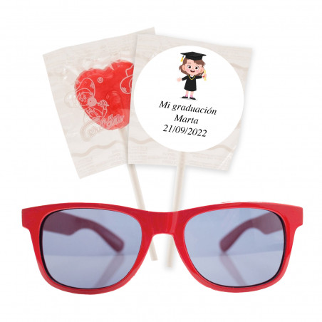 Óculos de sol infantis e pirulito personalizado para a formatura de menina