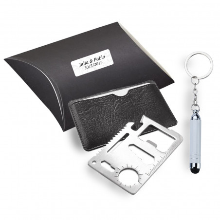 Multiferramenta e chaveiro com ponteiro branco em estojo preto personalizado para casamentos