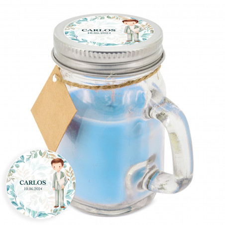 Vela perfumada com adesivo personalizado para lembrancinhas de comunhão de menino