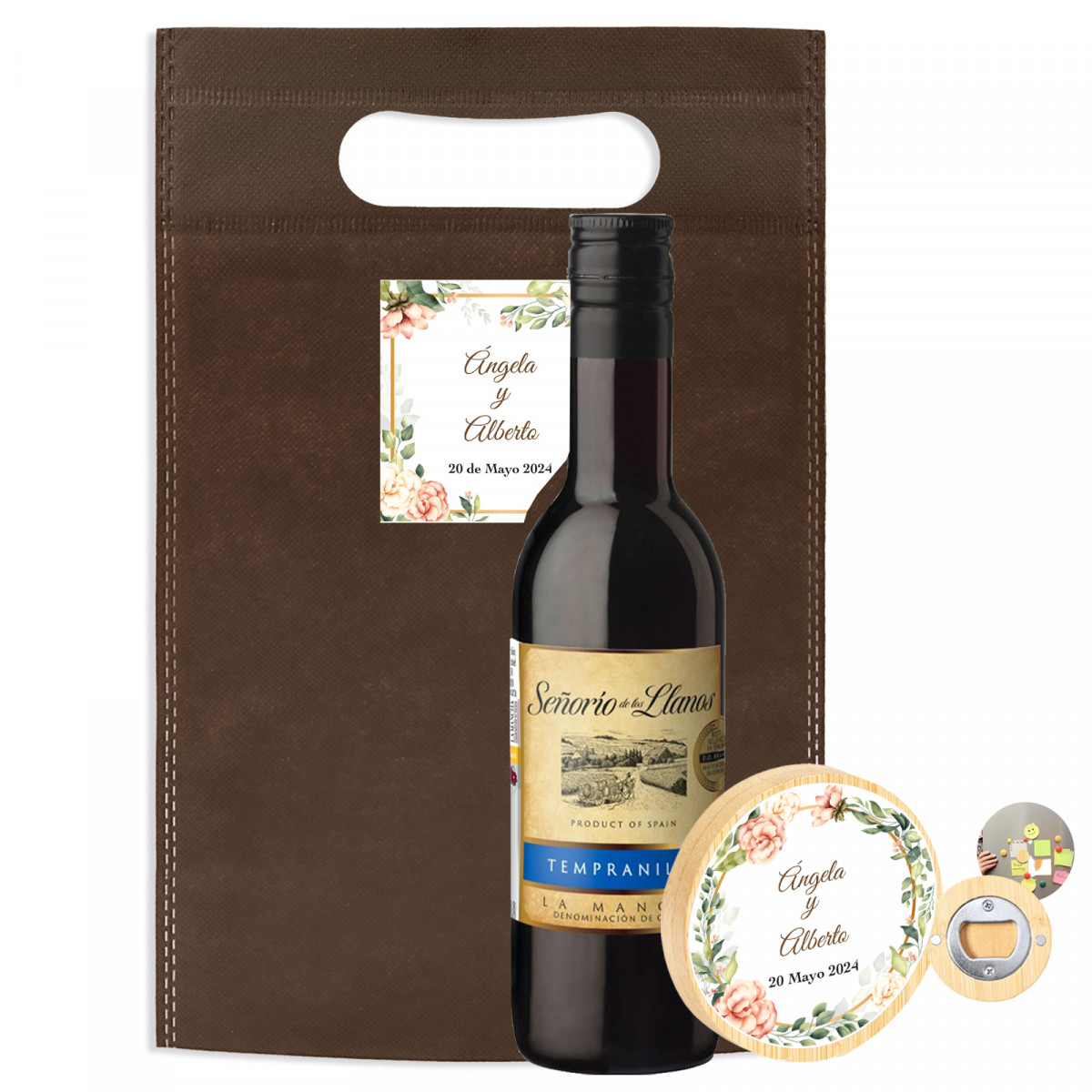 Pequena garrafa de vinho presente com abridor magnético personalizado em saco de presente