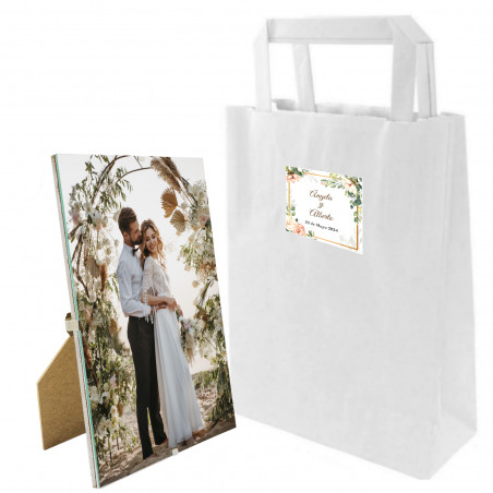 Moldura de fotos sem moldura para presentes de convidados em uma sacola de presente e adesivo personalizado