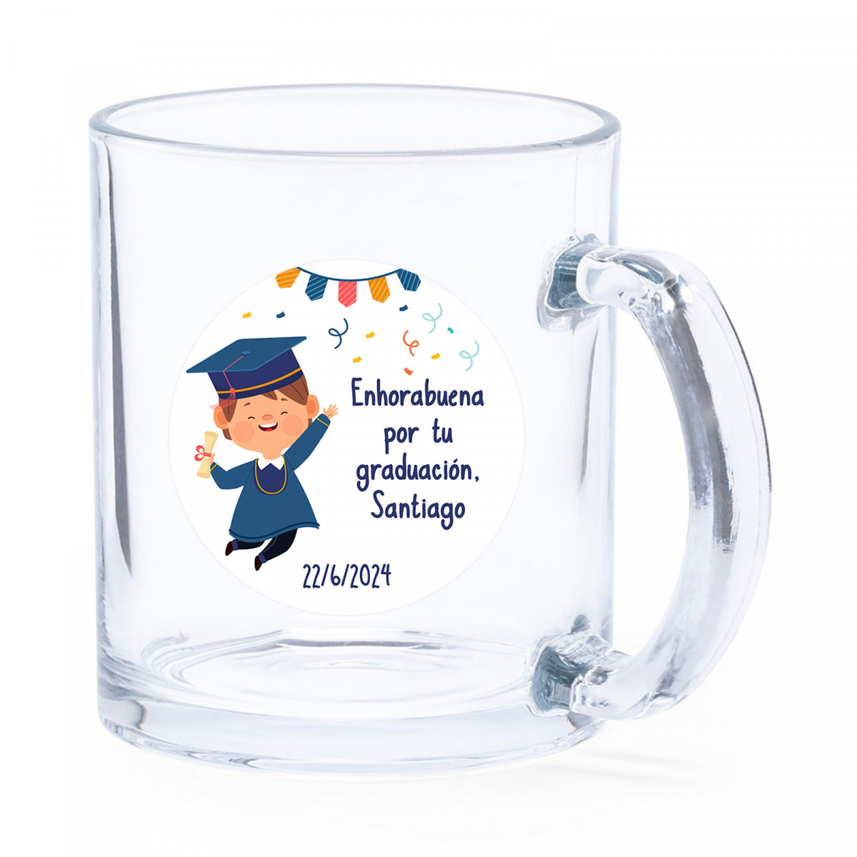 Caneca de vidro com adesivo de formatura personalizado para meninos