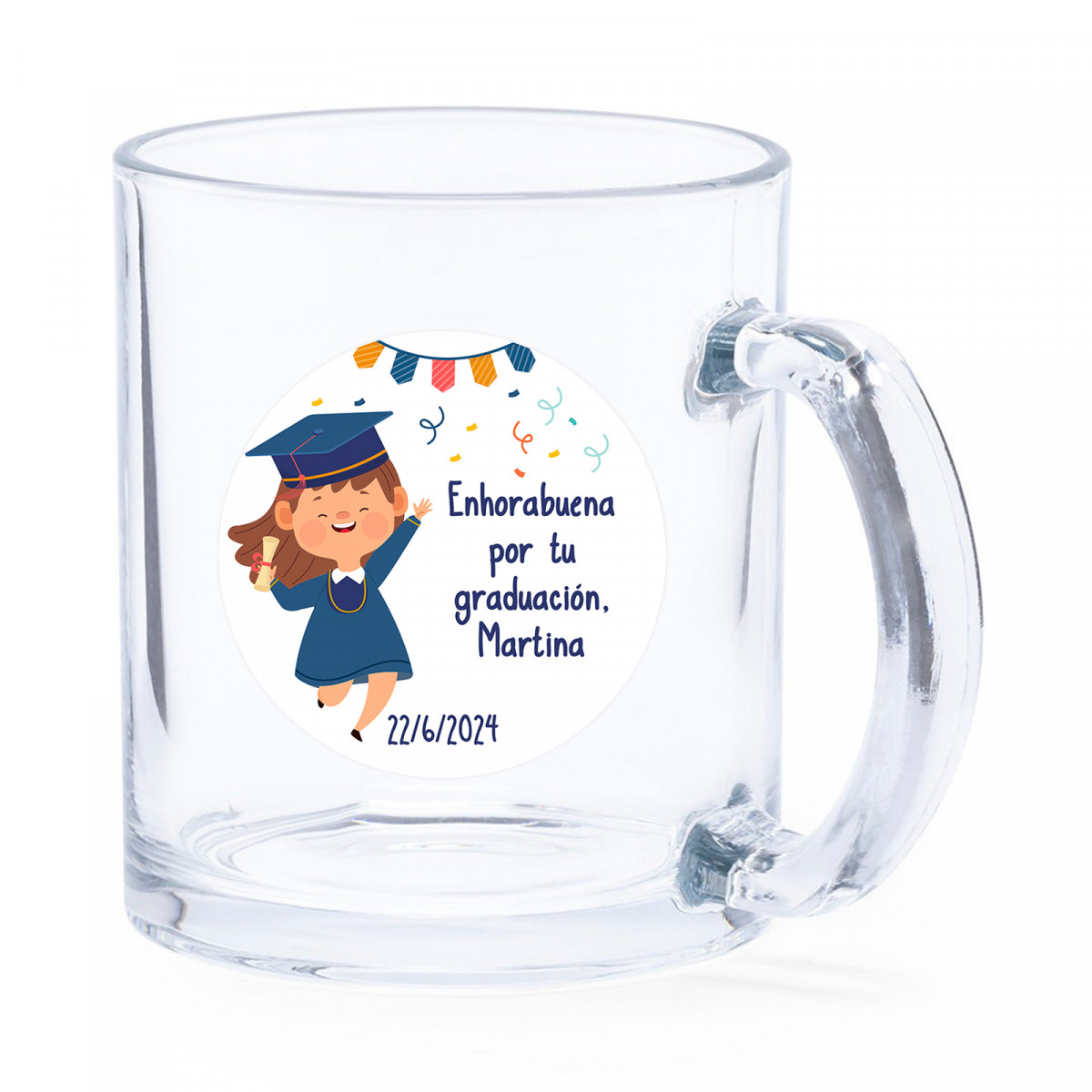 Caneca de vidro com adesivo de formatura de menina personalizado