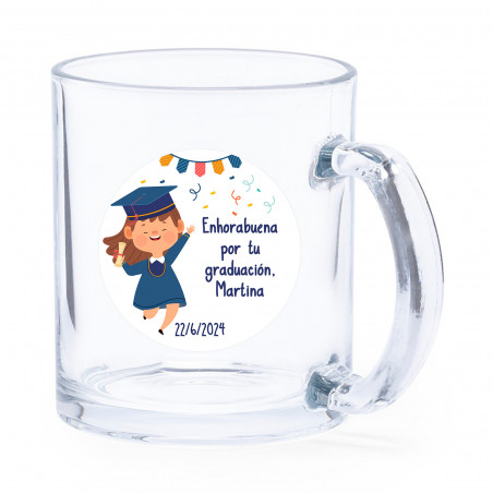 Caneca de vidro com adesivo personalizado de formatura de menina