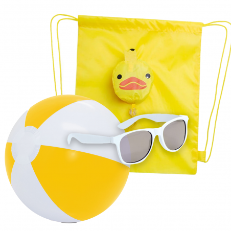 óculos de sol brancos infantis e bola de praia com mochila de pato
