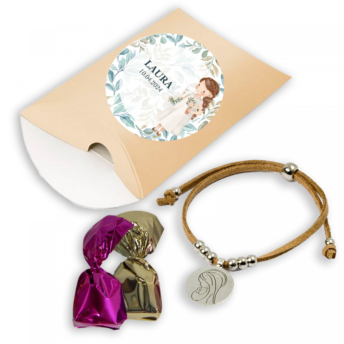 Pulseira da Virgem Maria com chocolates em caixa personalizada para comunhão de menina.
