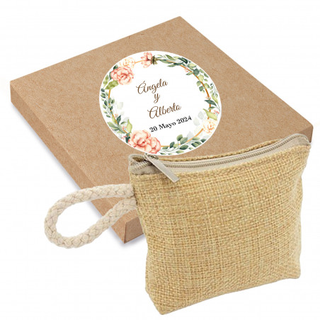 Porta-moedas feminino com caixa de papelão e adesivo personalizado