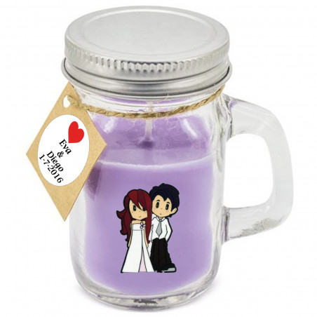 Vela lilás em jarra de vidro personalizada para casamentos