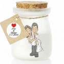 Vela perfumada de vidro branco com adesivos de casamento