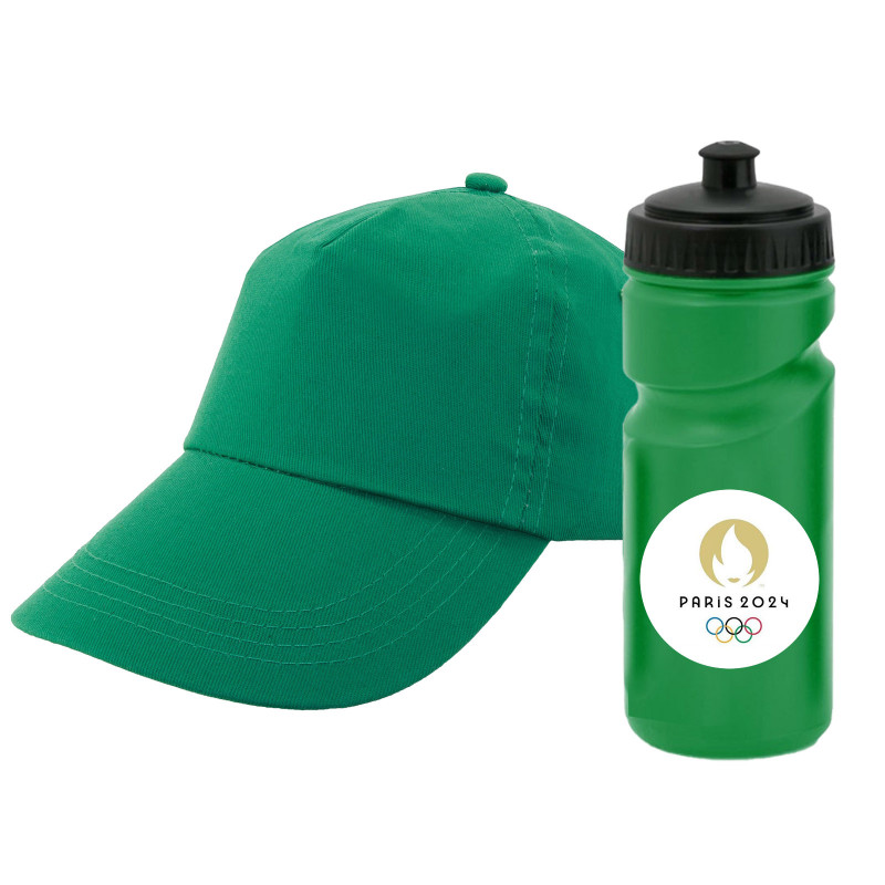 Gorra verde e garrafinha personalizada para empresas